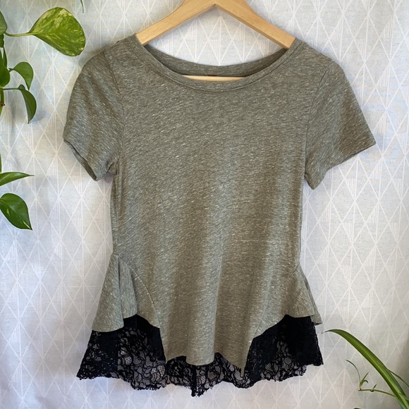 2/$15 Free People Black Lace Peplum Tee - Picture 2 of 8